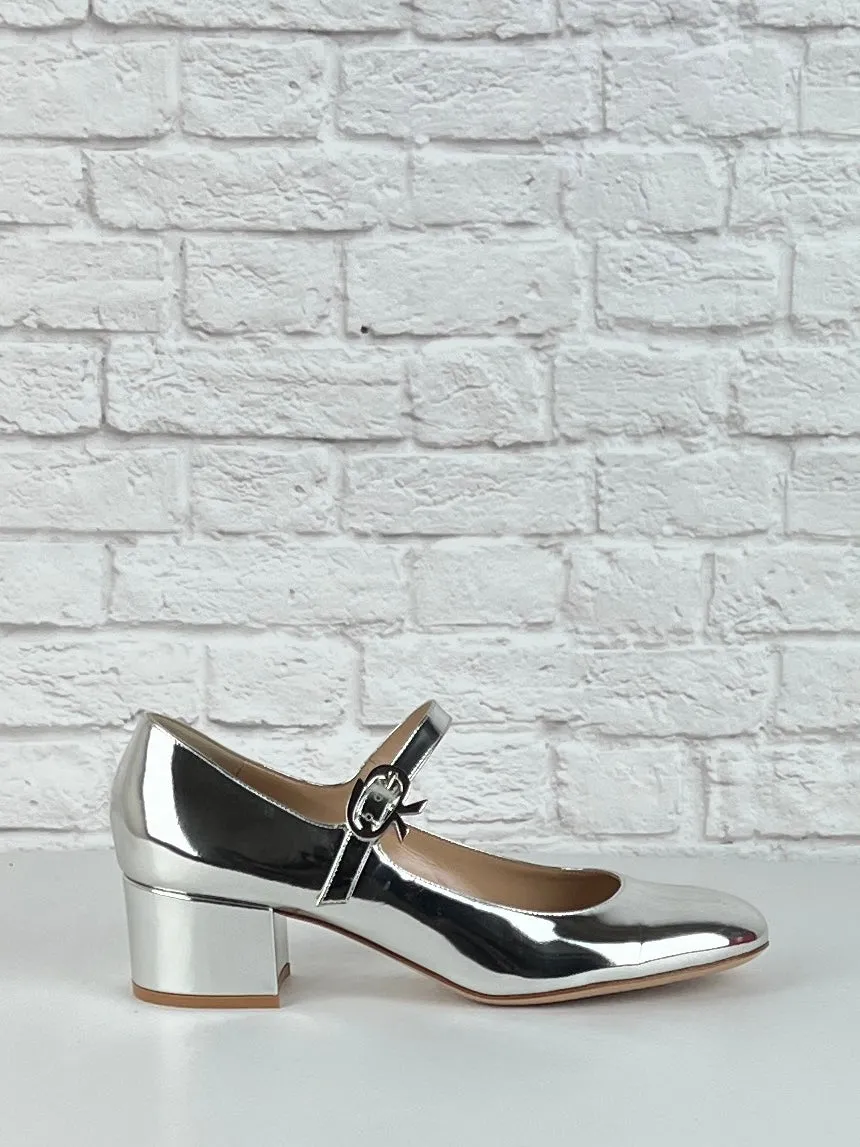 Gianvitto Rossi Mary Jane Metallic Leather Pumps, New, Size 40, Silver