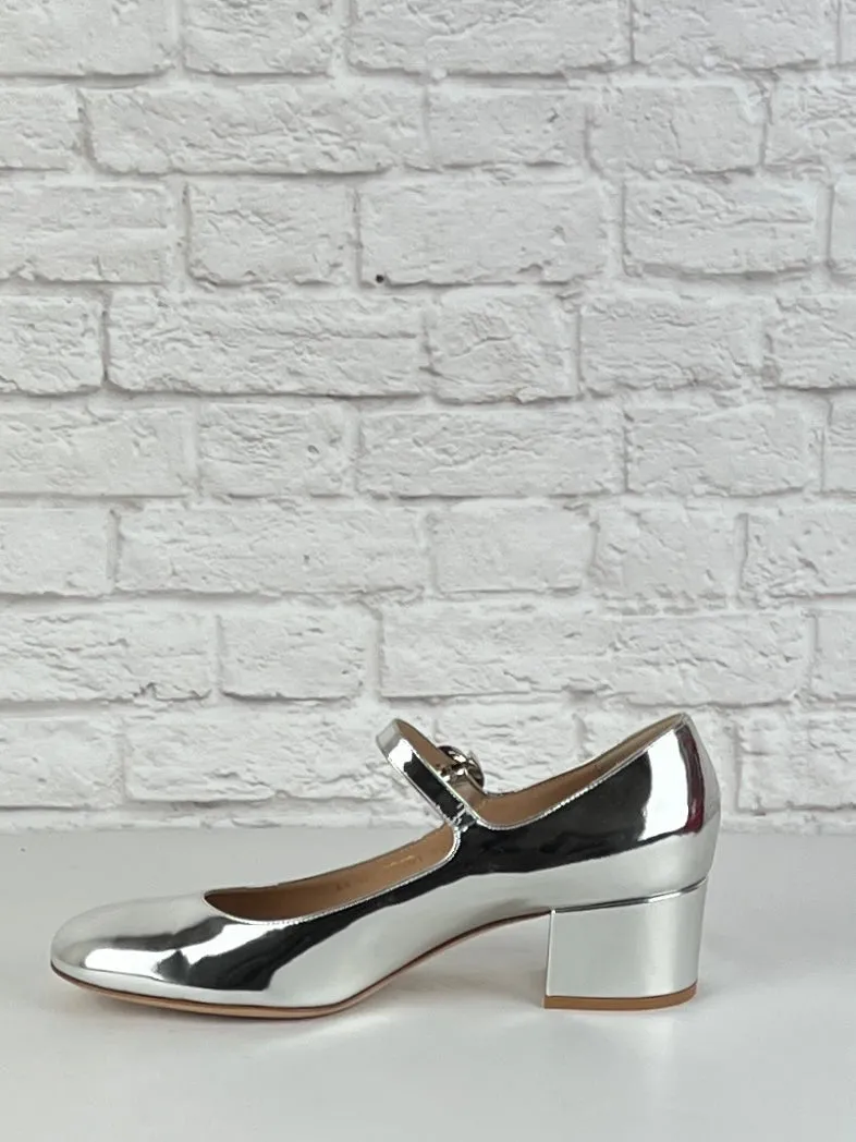 Gianvitto Rossi Mary Jane Metallic Leather Pumps, New, Size 40, Silver