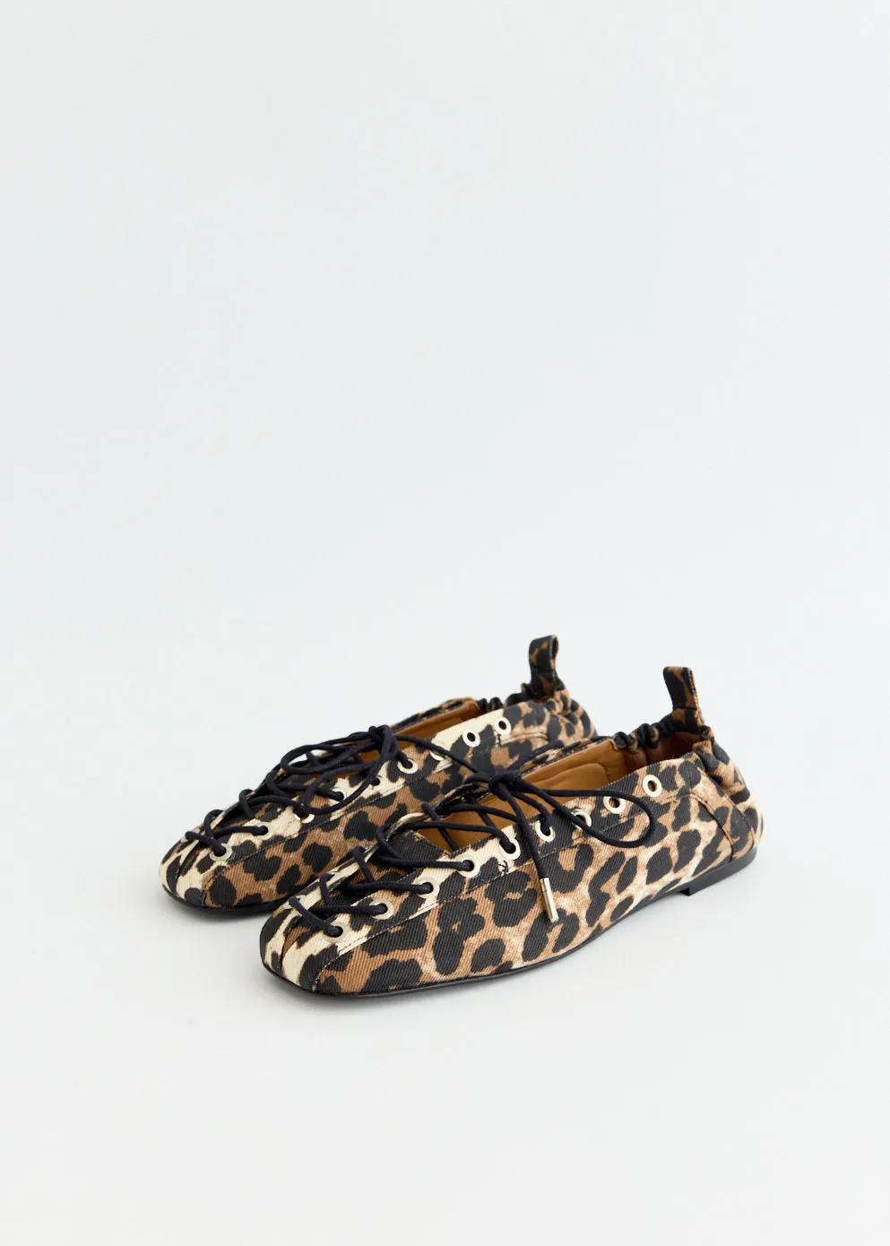 Leopard Printed Eyelets Lace Up Ballerinas