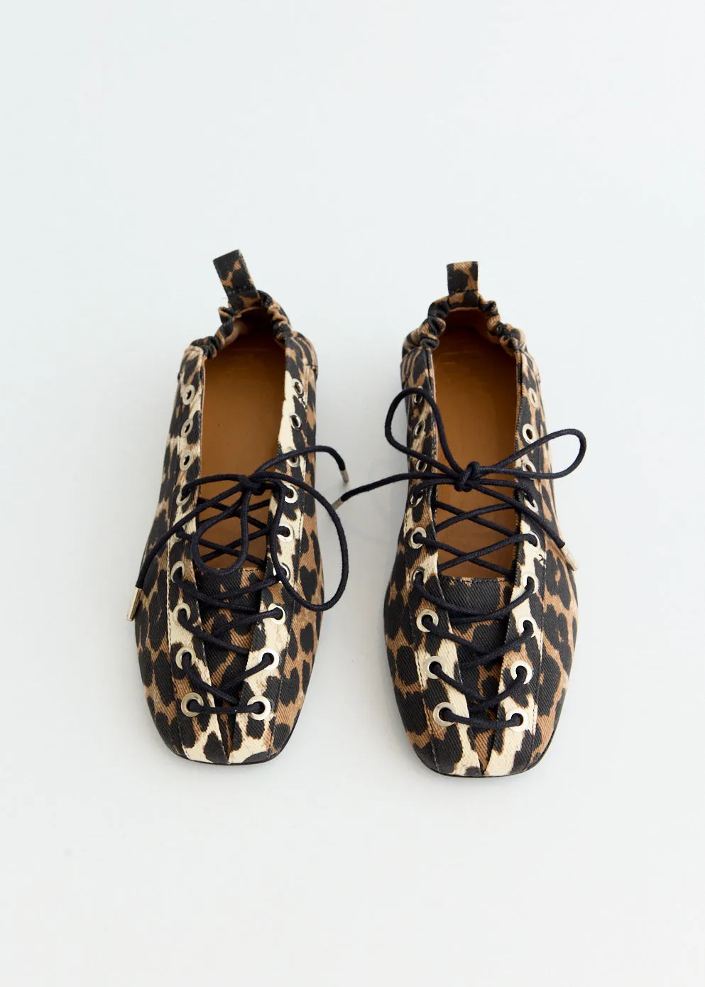 Leopard Printed Eyelets Lace Up Ballerinas