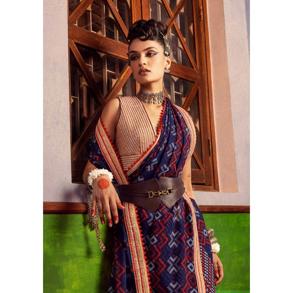 Nadima Saqib Blue Printed and Embroidered Saree with Stitched Blouse