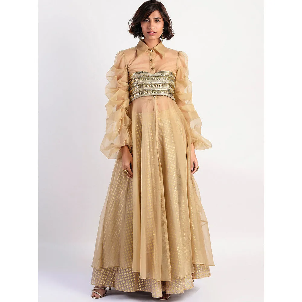 Rishi & Vibhuti Gold Embellished Blouse And Lehenga And Cape (Set of 3)