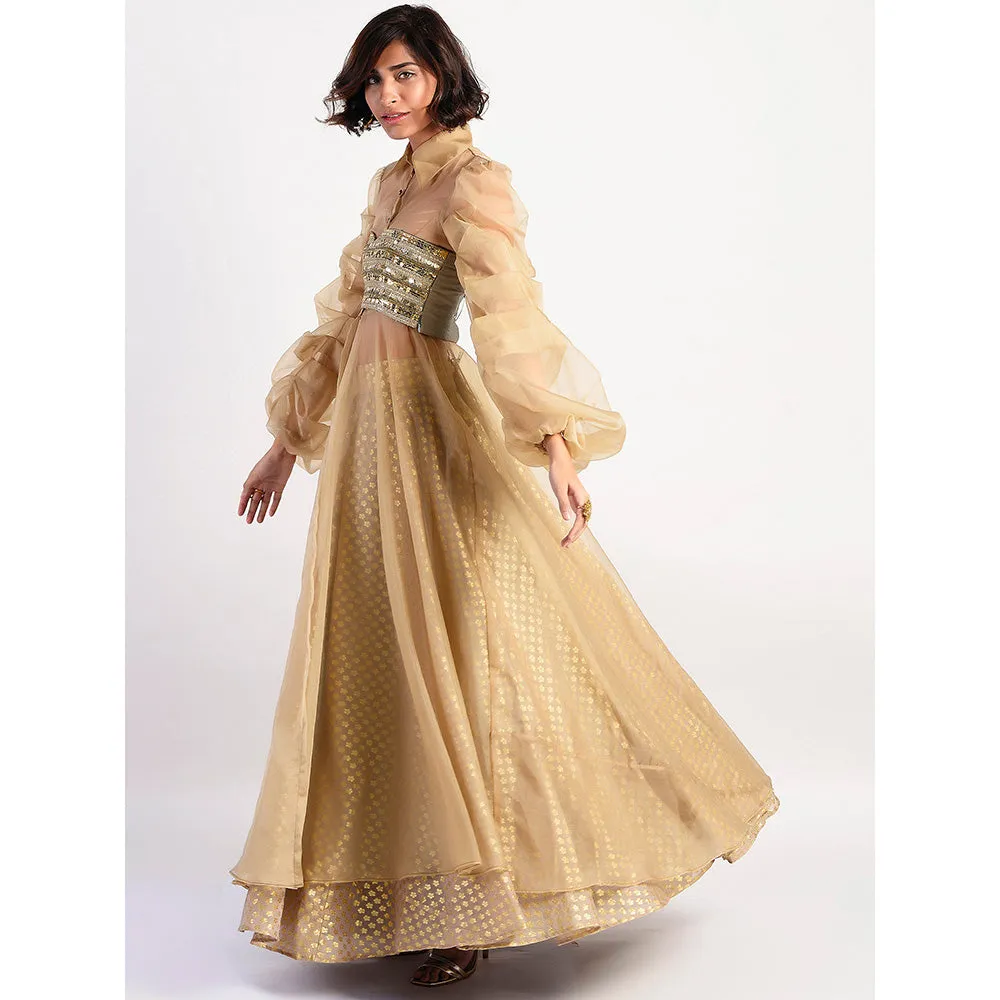 Rishi & Vibhuti Gold Embellished Blouse And Lehenga And Cape (Set of 3)